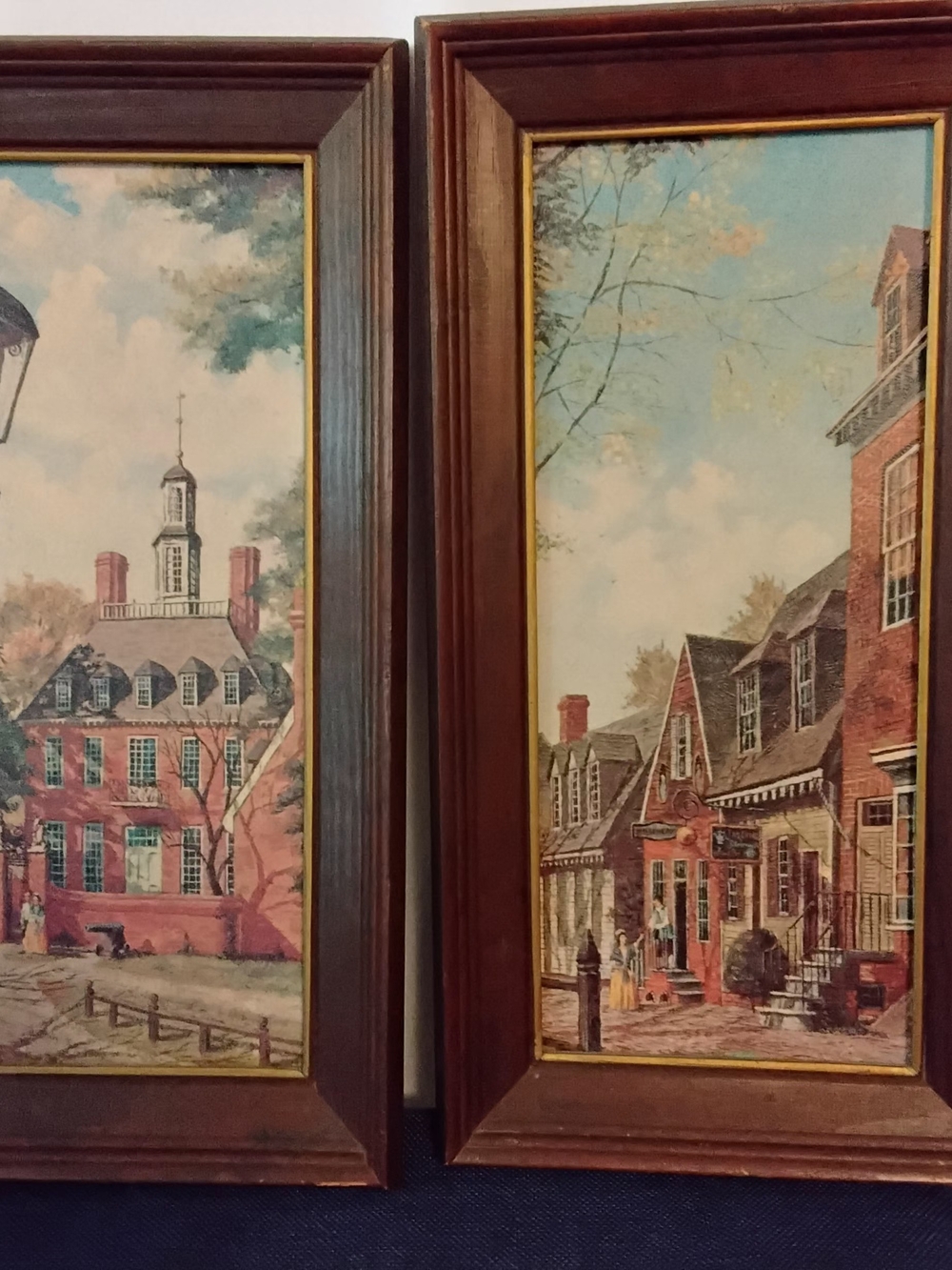 Set of Two Vintage Colonial Street Scene Framed Prints On WOOD- Brown Frames